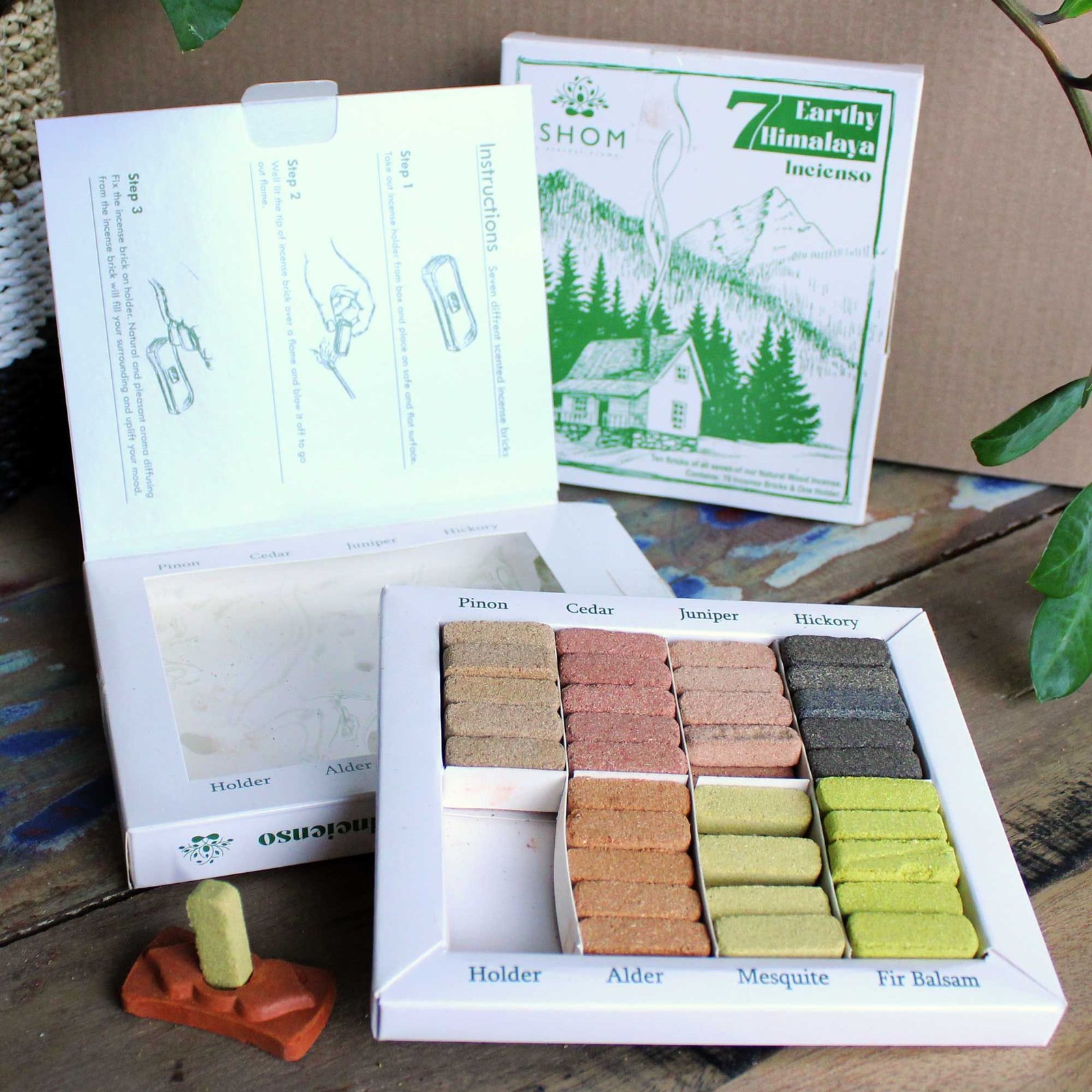 Ladrillos de Incienso Smudge de 7 Aromas Himalaya con Quemador · Set de 70